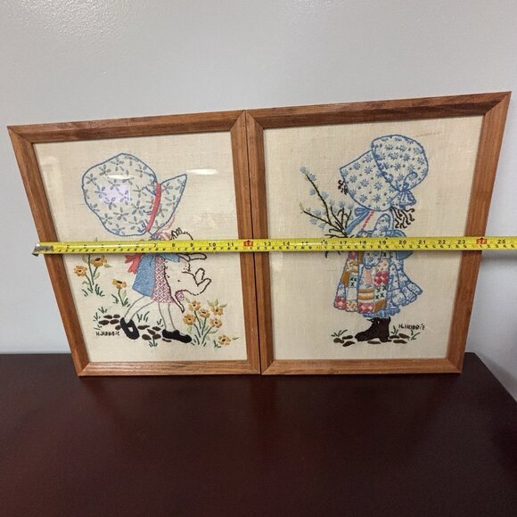 Pair of Vintage Framed Holly Hobbie Needlepoint Handmade Wall Decor Hugging Cat - Picture 6 of 13